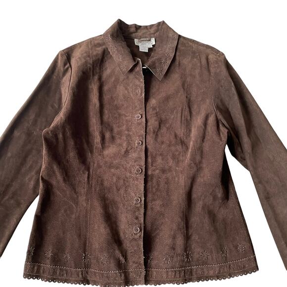 Vintage 1990s Live a Little Suede Shacket Button Down Floral Cutout L EUC - Picture 2 of 13